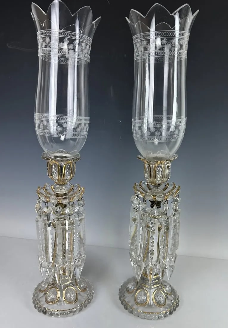 A PAIR OF ENAMELLED BACARAT CRYSTAL HURRICANE LAMPS (1 of 3)