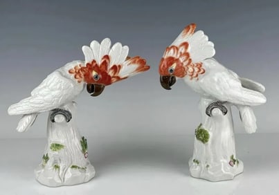 A PAIR OF MEISSEN MALE AND FEMALE COCKATOO