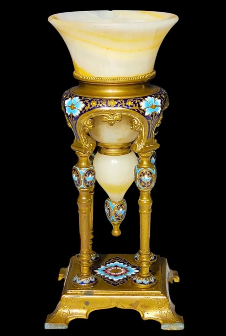 19TH C. FRENCH CHAMPLEVE ENAMEL &ALABASTER VASE (1 of 3)