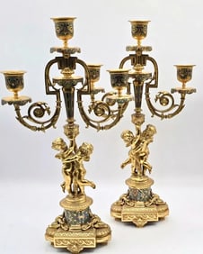 A PAIR OF 19TH C. FRENCH ORMOLU & CHAMPLEVE ENAMEL CANDELABRA