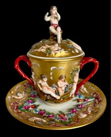 19TH C. CAPODIMONTE LIDED CUP AND SAUCER