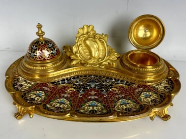 19TH C. FRENCH CHAMPLEVE ENAMEL BRONZE INKWELL