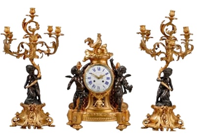 A LARGE LOUIS XV STYLE FIGURAL CLOCK SET CIRCA 1880