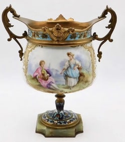 19 TH C. FRENCH CHAMPLEVE ENAMEL & SEVRES CENTERPIECE