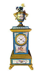 18TH C. ORMOLU MOUNTED SEVRES PORCELAIN CLOCK JULIEN LEROY: A magnificent ormolu mounted Sevres clock , by Julien Leroy circa 1740. MEASURES 22 inches High. Julien Leroy was LOUIS XV clock maker. Measures 22 inches High. Overall good condition.Estimate $6.000-