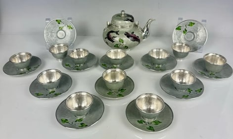 KOREAN SILVER AND ENAMEL SAKE SET FOR 12
