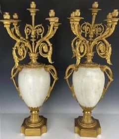 A PALATIAL PAIR OF DORE BRONZE AND MARBLE CANDELABRA