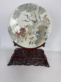 ANTIQUE CHINESE PORCELAIN PLAQUE ON CARVED WOOD BASE