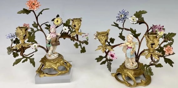 A PAIR 19TH C. MEISSEN AND DORE BRONZE CANDELABRA