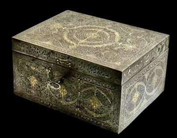 A 19TH C. QAJAR GILD AND SILVER INLAID FOOLAD BOX