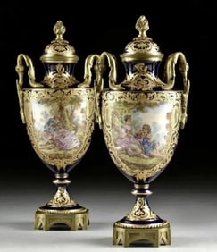 A PAIR OF ORMOLU MOUNTED SEVRES VASES