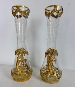 A PAIR OF EMPIRE STYLE ORMOLU MOUNTED BACCARAT VASES