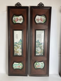 PAIR OF CHINESE WOOD AND PORCELAIN PANELS