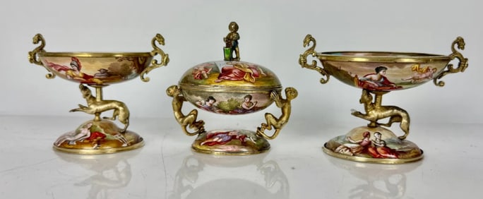 A FINE VIENNESE SILVER ENAMEL MINIATURE GARNITURE