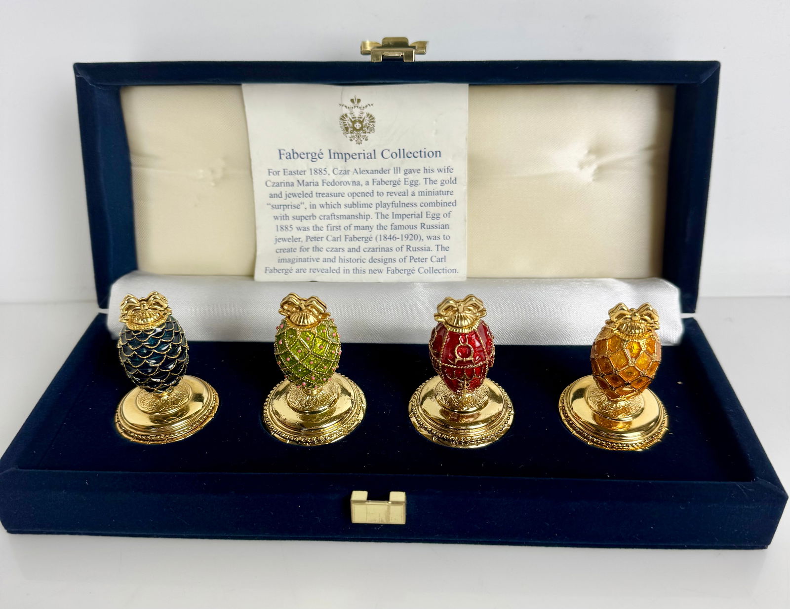 IMPERIAL FABERGE ENAMELLED 24KT GILT CARD HOLDERS: In original presentation box, like new. Estimate $500-600