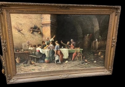A LARGE CONTINENTAL OIL PAINTING ON CANVAS SIGNED