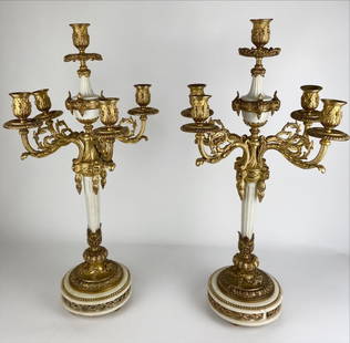 A LARGE PAIR OF ORMOLU MOUNTED MARBLE CANDELABRA: Circa 1880 Measure 26 inches high. Estimate $4.000-5.000