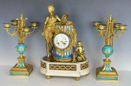 19TH C. ORMOLU AND SEVRES PORCELAIN CLOCK GARNITURE