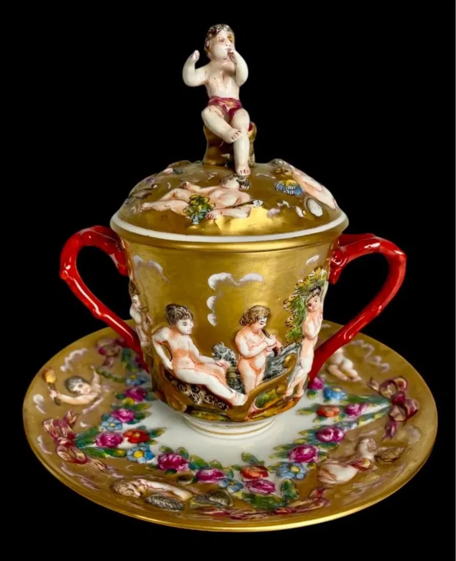 19TH C. CAPODIMONTE LIDED CUP AND SAUCER (1 of 3)