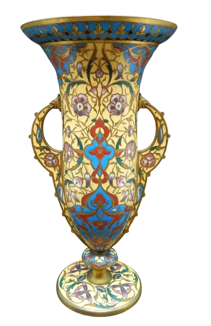 19TH C. FRENCH CHAMPLEVE ENAMEL VASE SIGNED F. BARBEDIENNE