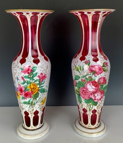 A LARGE PAIR OF MOSER OVERLAY GLASS VASES