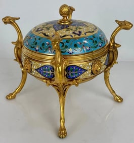 19TH C. FRENCH CHAMPLEVE ENAMEL,L JAR AND COVER
