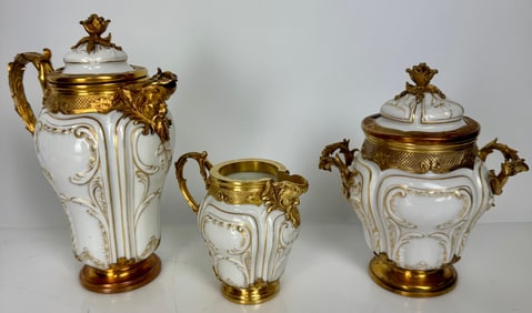 24KT GOLD OVER SILVER AND PORCELAIN TEA SET