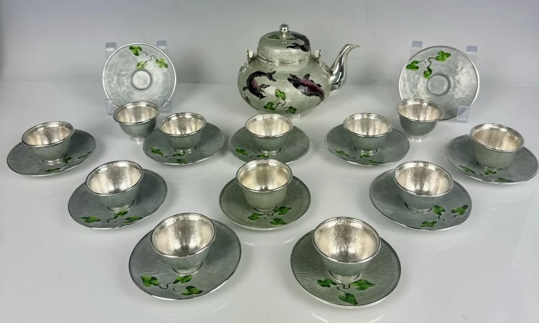 KOREAN SILVER AND ENAMEL SAKE SET FOR 12 (1 of 6)