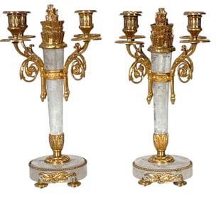 PAIR OF ORMOLU MOUNTED ROCK CRYSTAL CANDELABRA