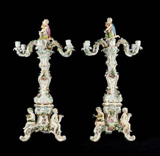 A PALATIAL PAIR OF MEISSEN PORCELAIN CANDELABRA: Circa 1880. Measure 32 inches; high. Estimate $20.000-25.000