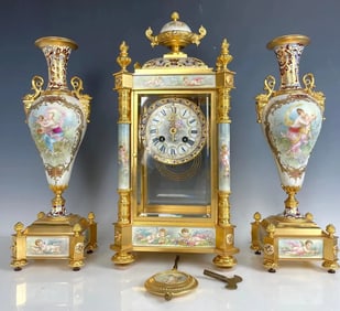 19TH C. FRENCH CHAMPLEVE ENAMEL AND SEVRES PORCELAIN CLOCK SET