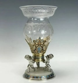 A LARGE FRENCH CHAMPLEVE ENAMEL AND BACCARAT GLASS VASE