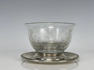 STERLING SILVER AND ETCHED GLASS SERVING DISH