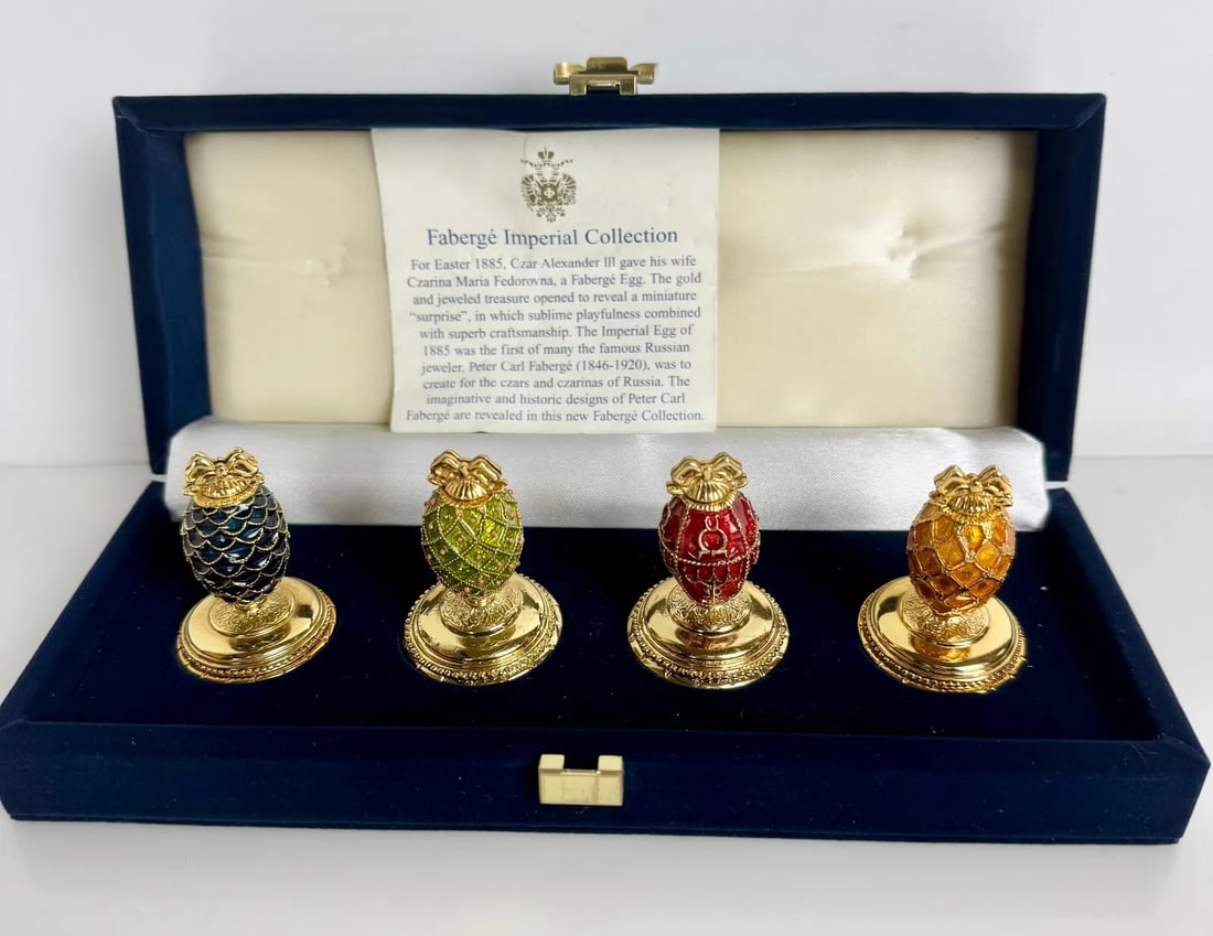 IMPERIAL FABERGE ENAMELLED 24KT GILT CARD HOLDERS: In original presentation box, like new. Estimate $500-600