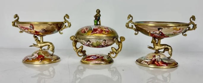 A FINE VIENNESE SILVER ENAMEL MINIATURE GARNITURE