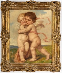 ANTIQUE OIL ON CANVAS PAINTING OF TWO CHERUBS