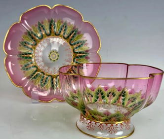 ENAMELLED LOBMEYR BOWL AND PLATE