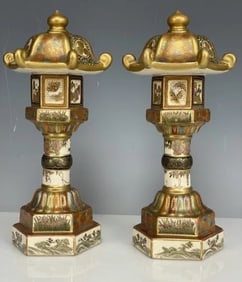 A PAIR OF MEIJI PERIOD SATSUMA PORCELAIN TEMPLES