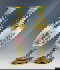 19TH C. PAIR OF ORMOLU MOUNTED SEVRES PORCELAIN VASES