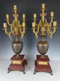 PAIR OF NEOCLASSICAL BRONZE & ROUGES MARBLE CANDELABA