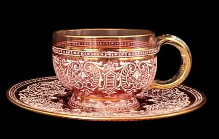 SIGNED LOBMEYR ENAMELLED CUP AND SAUCER