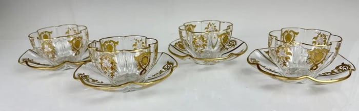 SET OF 4 MOSER GILT AND ENAMELLED BOWLS AND SAUCERS