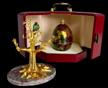IMPERIAL FABERGE ENAMELED GLASS AND STERLING SILVER TROPICAL EGG