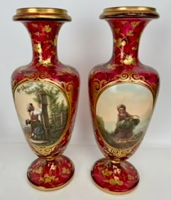 A LARGE PAIR OF MOSER OVERLAY GLASS VASES