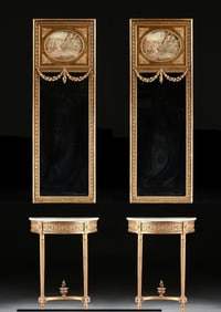 A PAIR OF LOUIS XVI STYLE CONSOLE TABLES WITH TRUMEAU MIRRORS
