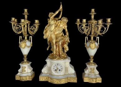 A MAGNIFICENT DORE BRONZE AND ALABASTER CLOCK GARNITURE