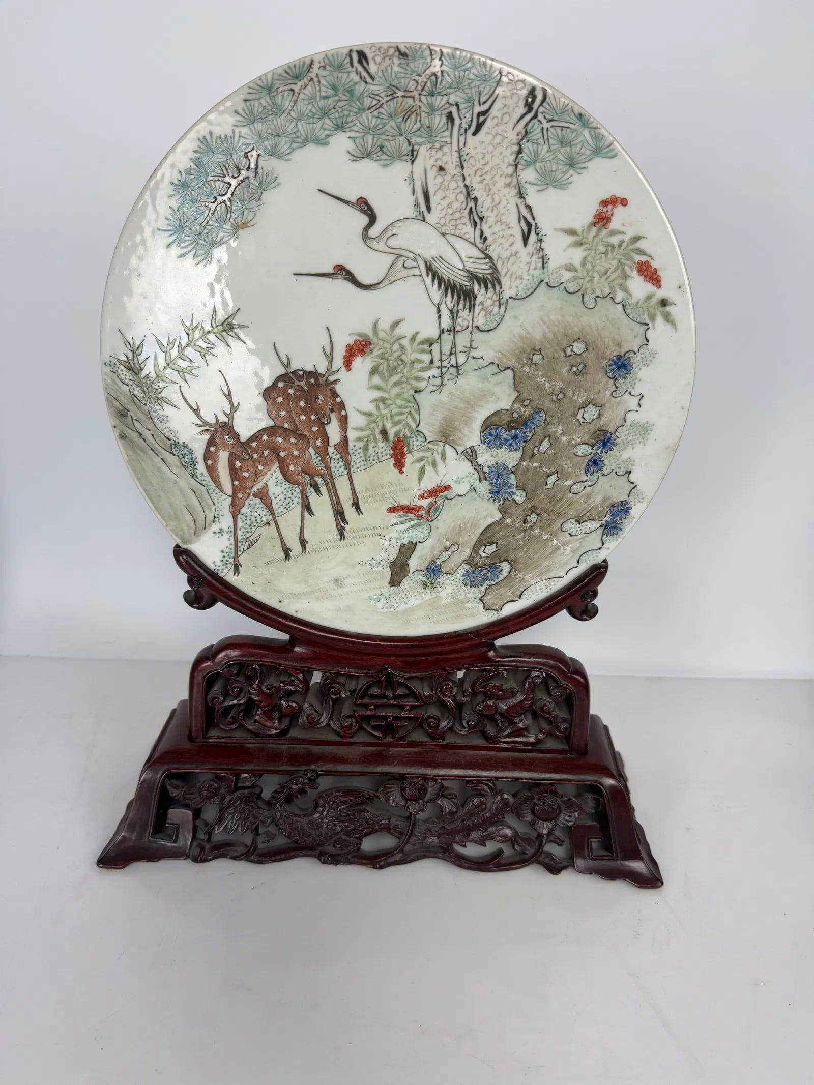 ANTIQUE CHINESE PORCELAIN PLAQUE ON CARVED WOOD BASE (1 of 5)