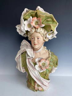 A LARGE ART NOUVEAU ROYAL DUX PORCELAIN BUST: Circa 1920. Measures 21 inches high. No damage detected. Estimate $1.000-1.200
