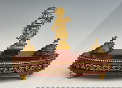 19TH C. DORE BRONZE AND ROUGES MARBLE INKWELL