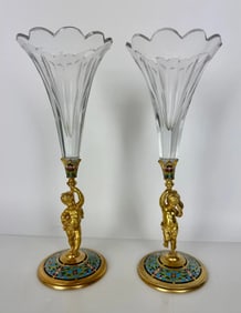 A PAIR OF FRENCH CHAMPLEVE ENAMEL AND BACCARAT CRYSTAL VASES